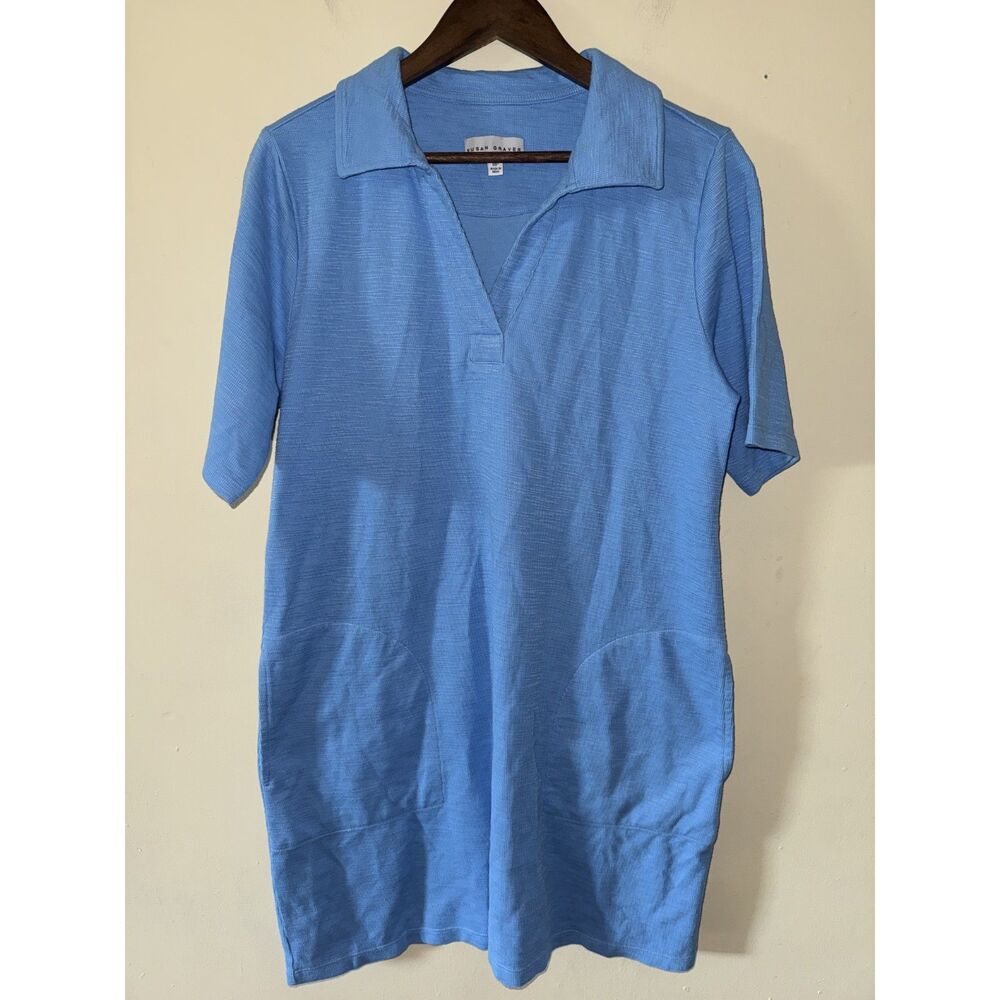 Susan Graver Petite Medium Blue Slub Knit Polo T-Shirt Dress with Pockets MP